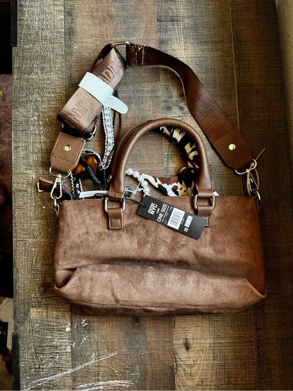 Steve Madden Brown Convertible Satchel with Patterned Scarf - Picture 2 of 2